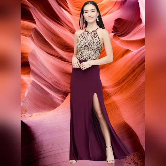 Blondie Nites By Stacy Sklar Corded Lace Filigree Ilusion Bodice Sheath Gown - Picture 1 of 15